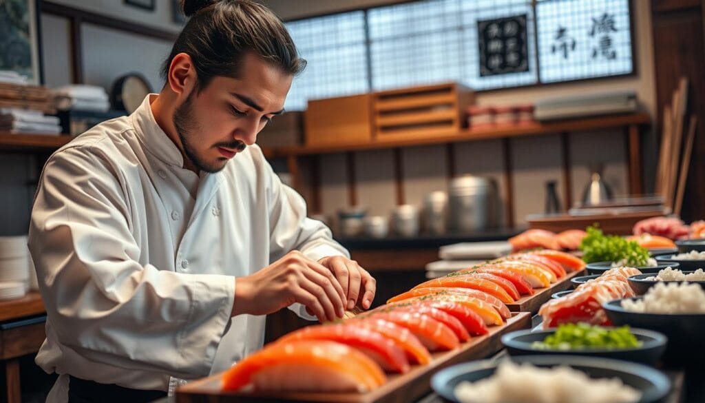 sushi chef preparing nigiri sushi